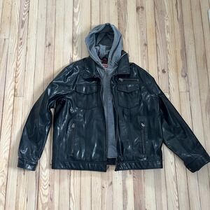 Levis Men Black Faux Leather Hooded Trucker Jacket Quilted Lining Zip motorcycle